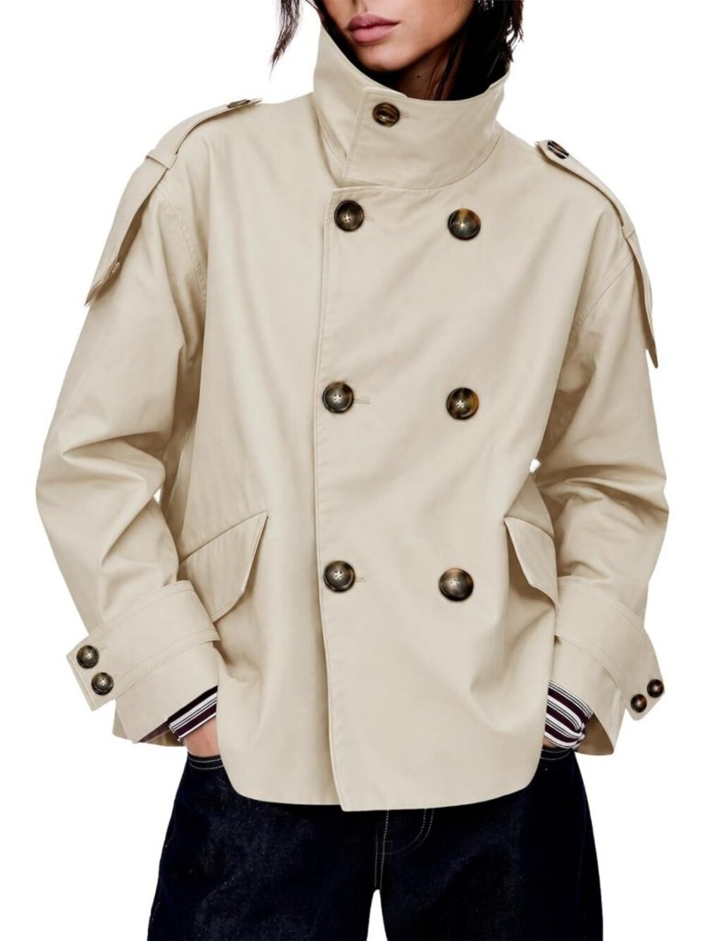 Cropped Oversized Double Breasted Trench Coat - Casual Stylish Women's Jacket